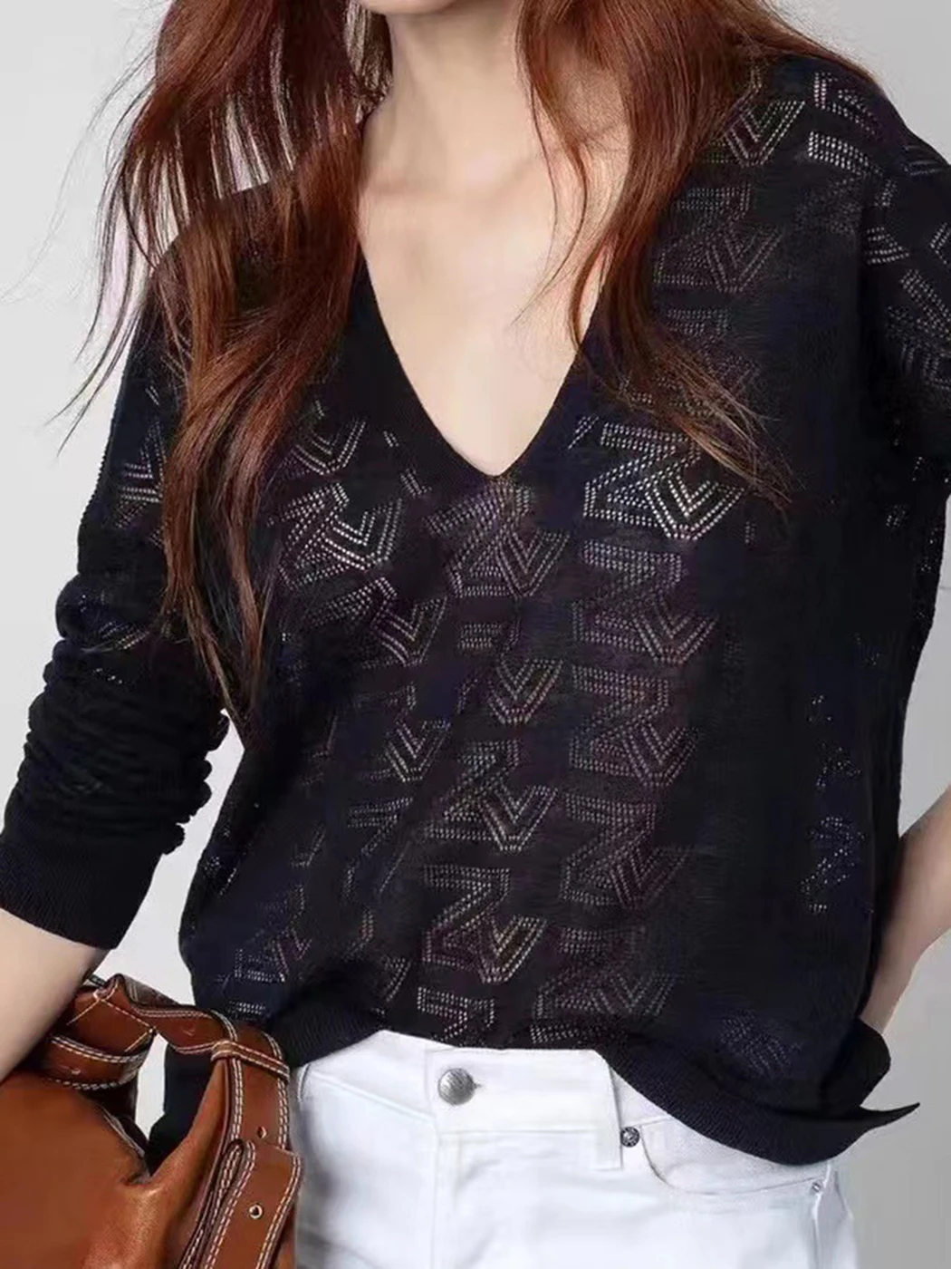

Hollow Out Letter Long Sleeve Shirts Tops Women Spring Fashion Casual Cotton Linen V-neck Luxury Designer Top Blouse Blusas 2022