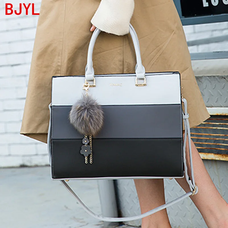

Luxury Fashion Women Handbag Fur Ball Tassel Document Tote Bag Female 14 Inch Laptop Briefcase Leather Business Shoulder Bags PU