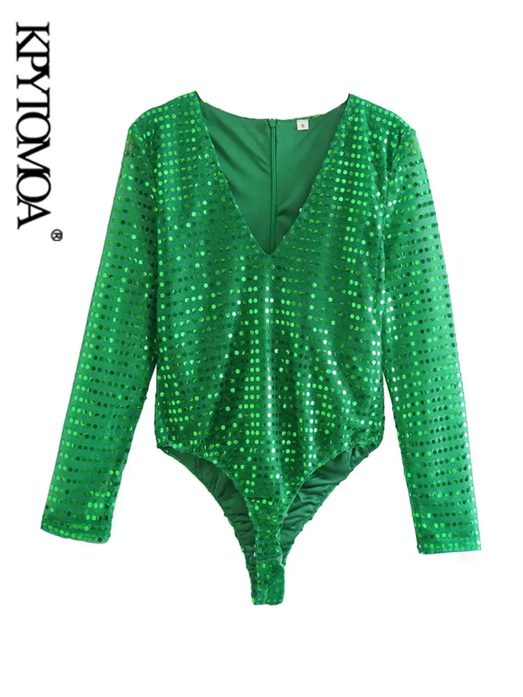 

Женские сексуальные модные блестящие боди KPYTOMOA с блестками, винтажные женские комбинезоны с длинным рукавом и молнией сзади, женские комби...
