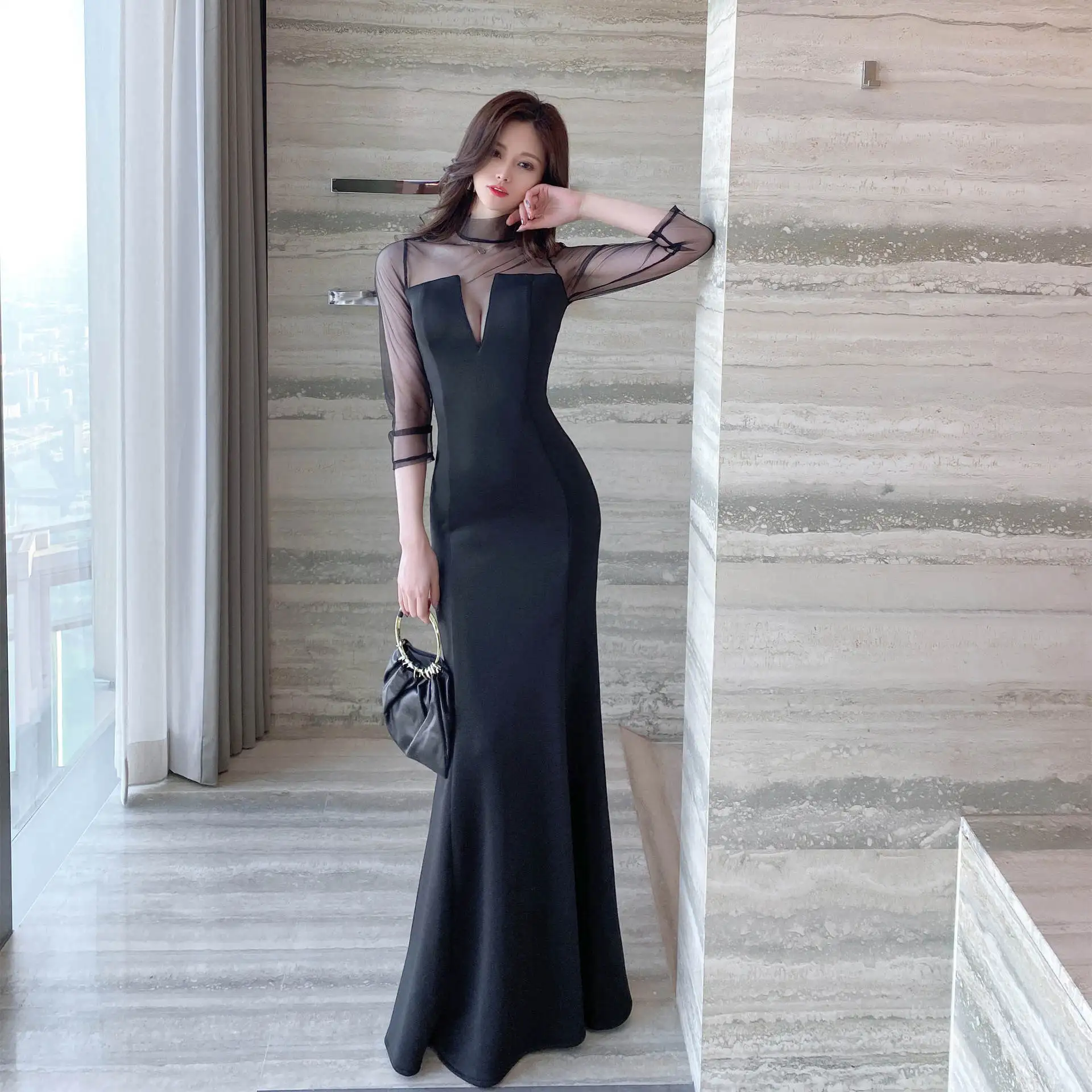 

2023 New Nightclub Sexy Dress Deep V Low Cut Slim Evening Mesh Spliced Korean Style Long