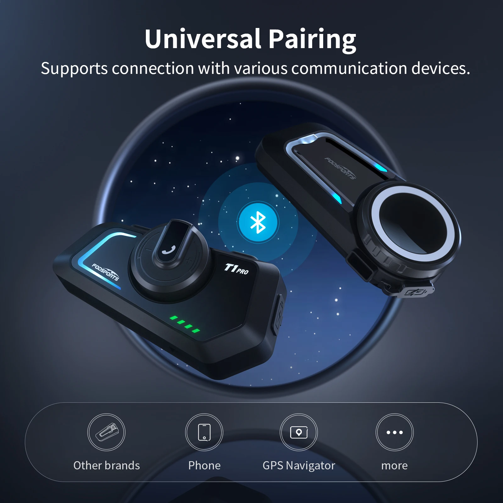 Fodsports T1 Pro мотоциклетная гарнитура, беспроводная Bluetooth гарнитура для шлема, 6 райдеров на расстоянии 2000 м, BT5.4, FM-радио. (art.: 3920ceda3ccaa) - 3920ceda3ccaa