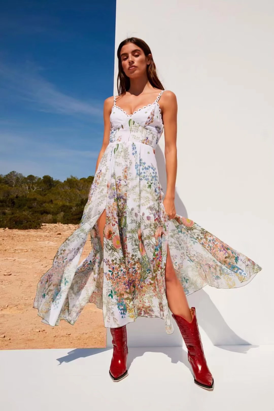 

Women Holiday Wear V Neck Sexy Strapless Floral Print Hand Woven Embroidery Split Cotton Midi Dress