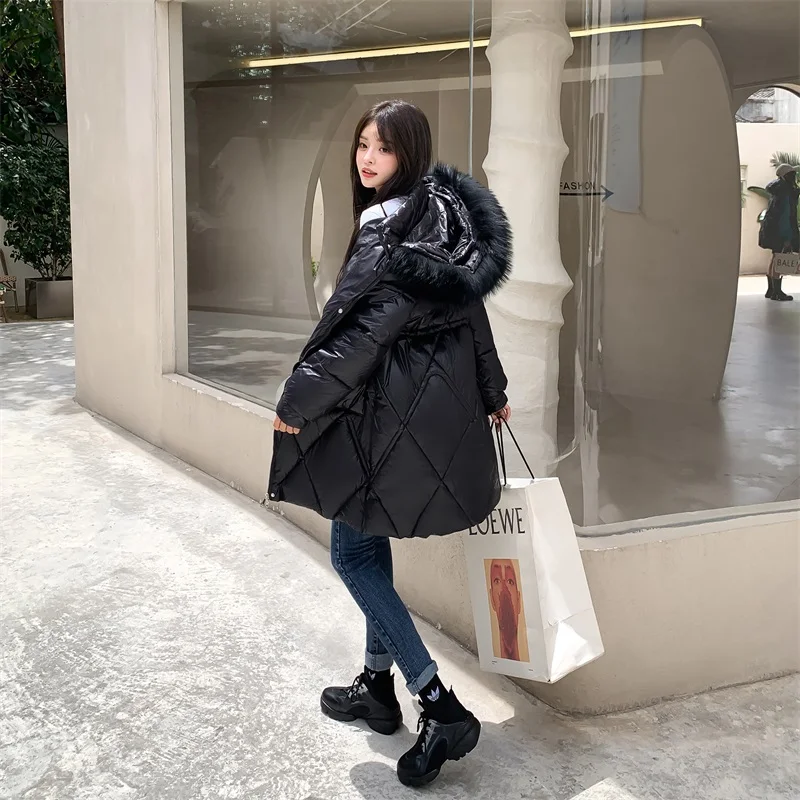 Diamond Lattice Puffer Parkas for Women Korean Fashion Trends Winter Clothing Female Windbreaker Coats Teenage Fur Collar Jacket