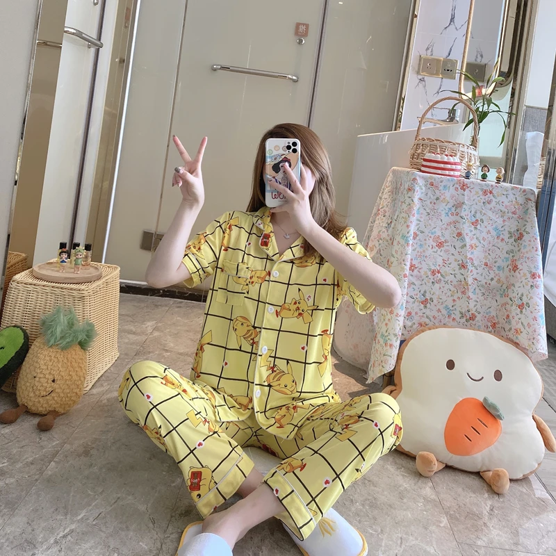 

Summer Pajamas Women's Short-Sleeved Trousers Cardigan Korean Style Sweet and Fresh Student Homewear Short and Long Suit Pikachu