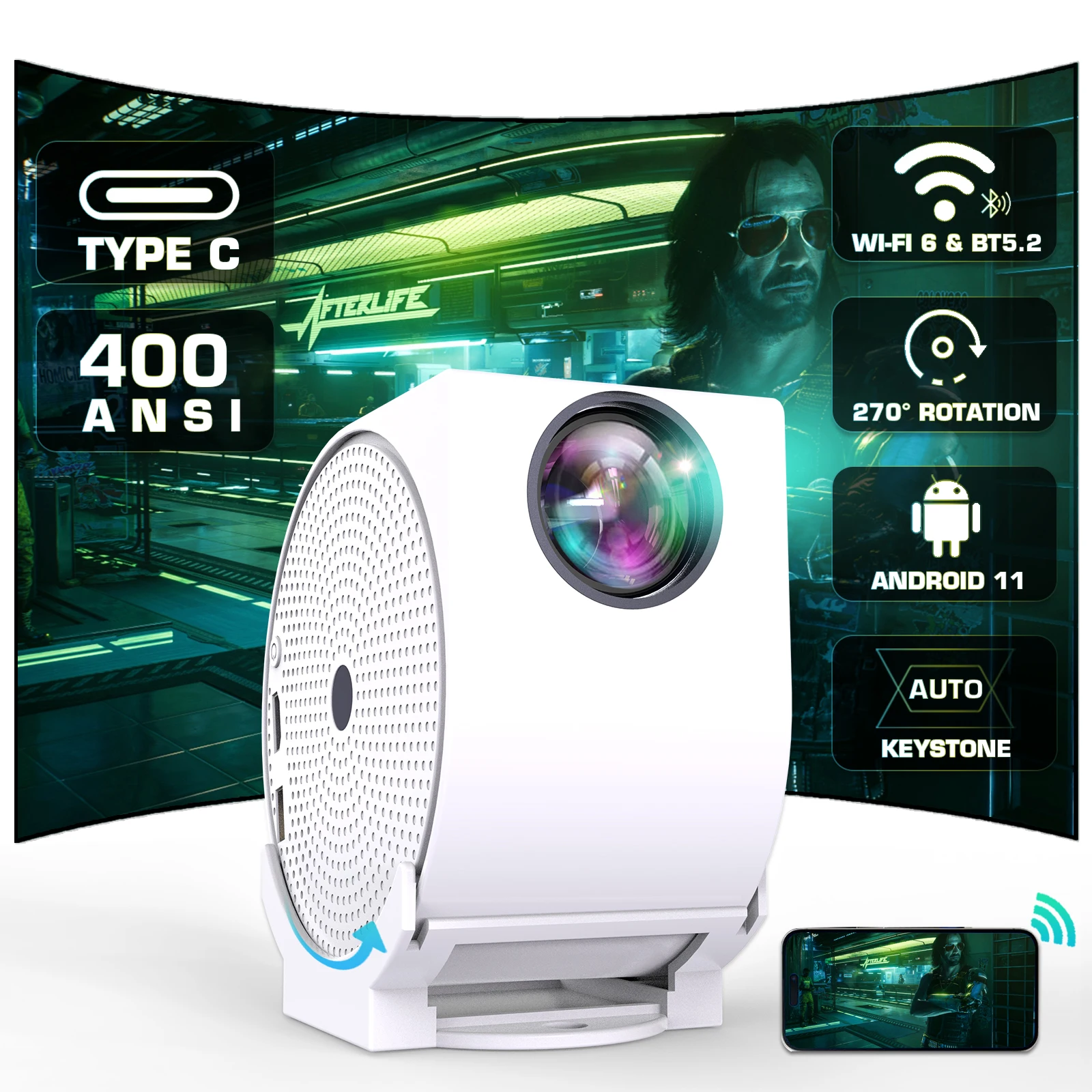 Мини-проектор 4K с WIFI 6 и Bluetooth TYPE C BT5.2 портативный проектор HD 400ANSI вращающийся