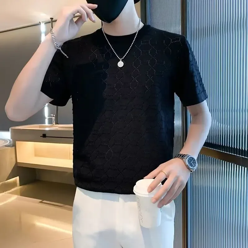 Лето 2024 ультратонкий трикотаж из ледяного шелка с короткими рукавами мужской