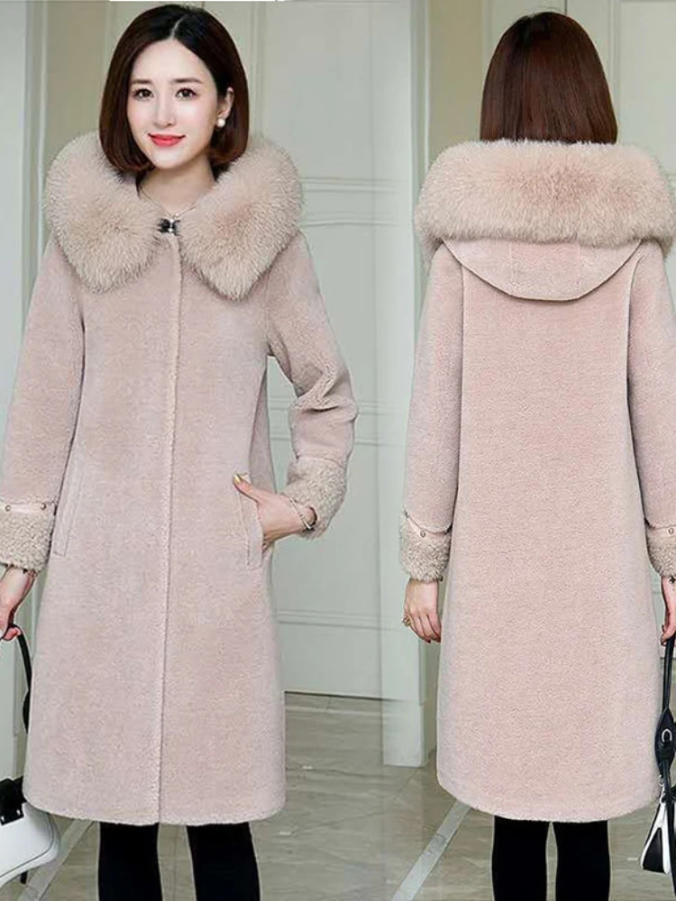 Real Fur Coat High Quality Womens Natural Sheep Shearling Coats Thick Warm Elegant Loose Large Size Long Outwear for Women E619