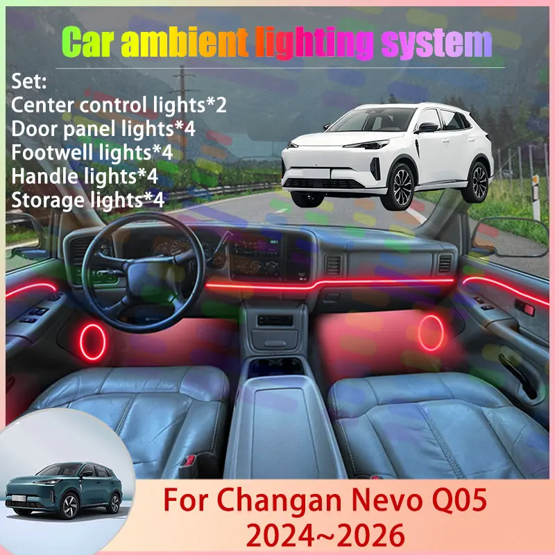 Фото Для Changan Nevo Q05 2024~2026 MK1 1-го поколения, 2/24 в 1, автомобильная атмосферная подсветка, RGB-лампа, комплект для создания атмосферы, автозапчасти №1