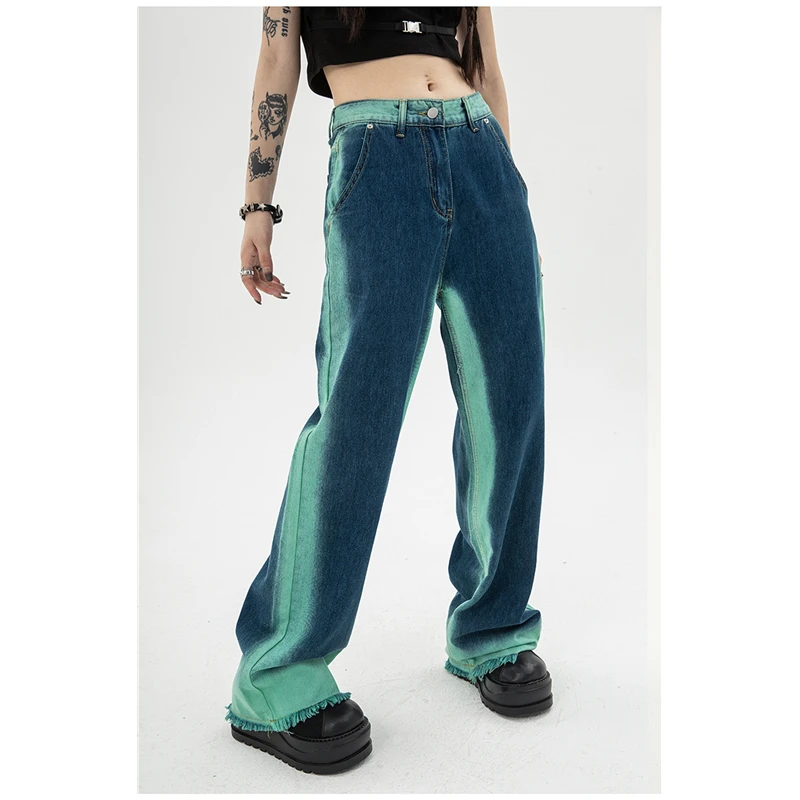 

Женские джинсы с завышенной талией, винтажные прямые мешковатые брюки, шикарный дизайн, уличная одежда, градиентные цвета, в стиле хип-хоп, Y2K, джинсы с широкими штанинами, 2023