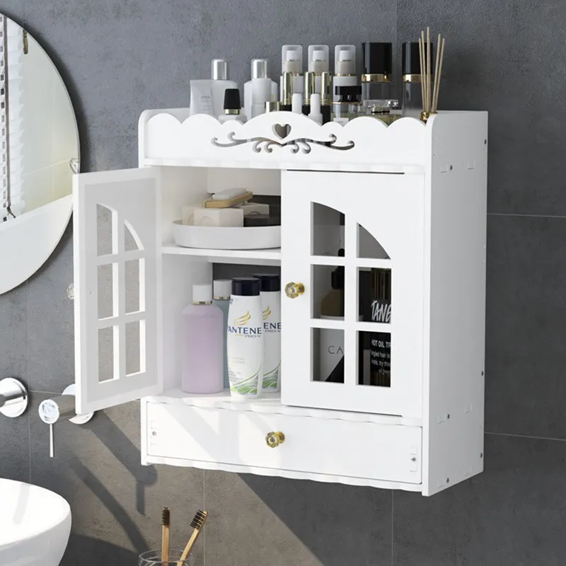 

Free-punching Bathroom Storage Organizer With Drawer PVC Storage Cabinet Double Door Sundries Rack Home Accessories White