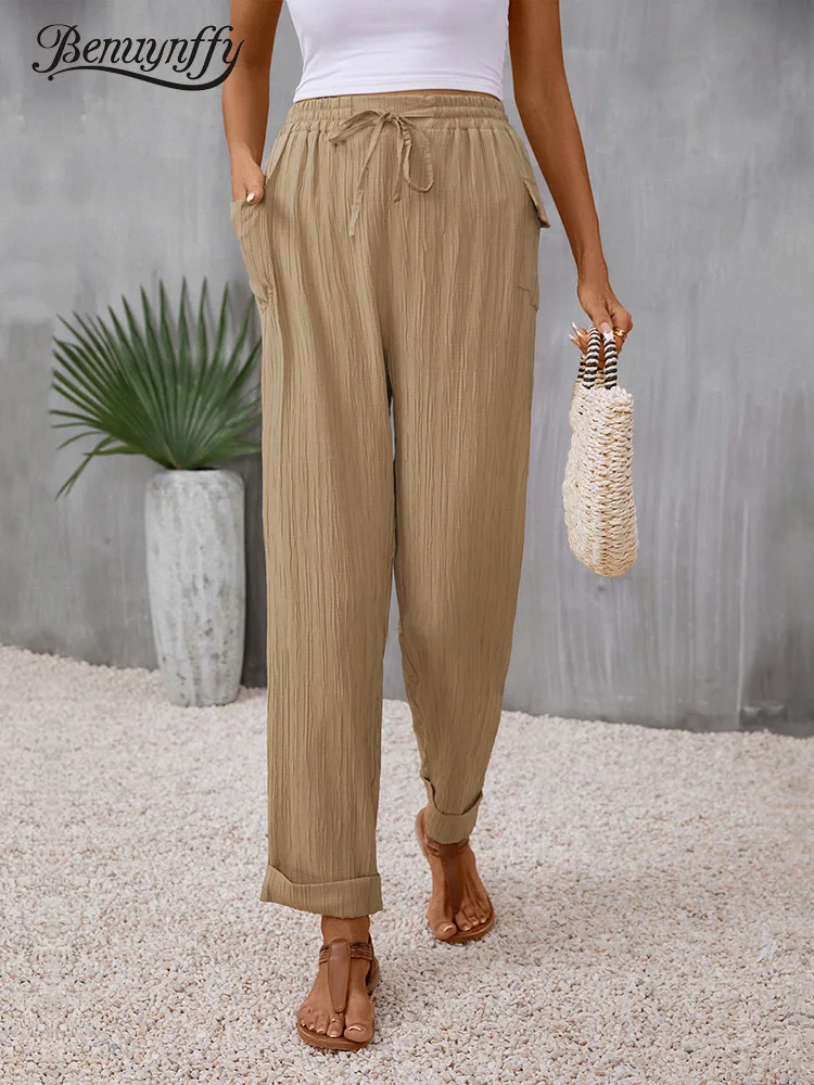 

Benuynffy Pants For Women 2023 Spring Autumn Fashion Loose Drawstring Elastic Waist Pockets Casual Woman Straight Leg Trousers