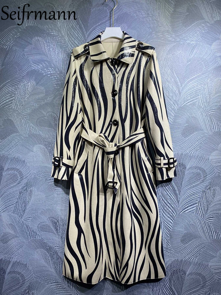 

Seifrmann High Quality Autumn Women Fashion Designer Trench Coats With Belt Long Sleeve Striped Print Elegant Slim Coat Overcoat