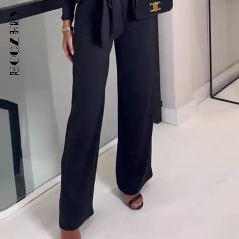 BoozRey 2023 Long Sleeve Waist Office Lady Romper Solid Slim Wide Leg Pants Playsuit Women Sexy V-neck Lace Up Straight Jumpsuit
