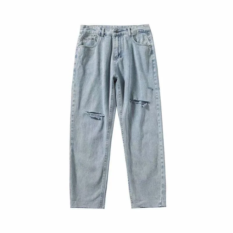 Summer Blue Ripped Jeans Men's Fashion Casual Straight Jeans Men Streetwear Loose Hip Hop Hole Denim Pants Mens Trousers S-3XL