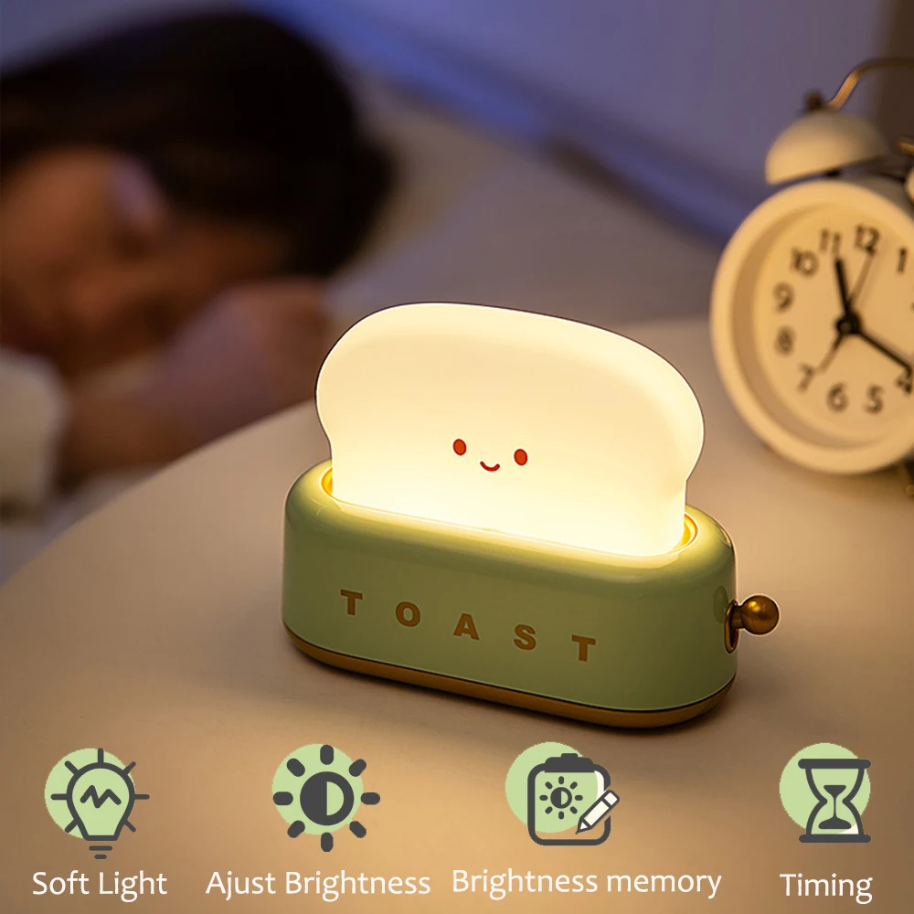 Creative LED Bread Maker Night Light USB Rechargeable Toast Lamp Bedroom Children Timing Sleeping Lamps Movable Mood Light