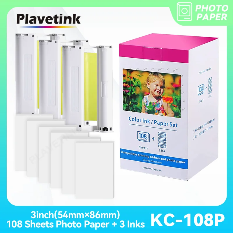 Чернильный картридж PLAVETINK KC108P для Canon Selphy CP1300 CP1200, чернильный картридж CP900 CP910 CP1000, фотобумага 3 дюйма Чернильный картридж PLAVETINK KC108P для Canon Selphy CP1300 CP1200, чернильный картридж CP900 CP910 CP1000, фотобумага 3 дюйма