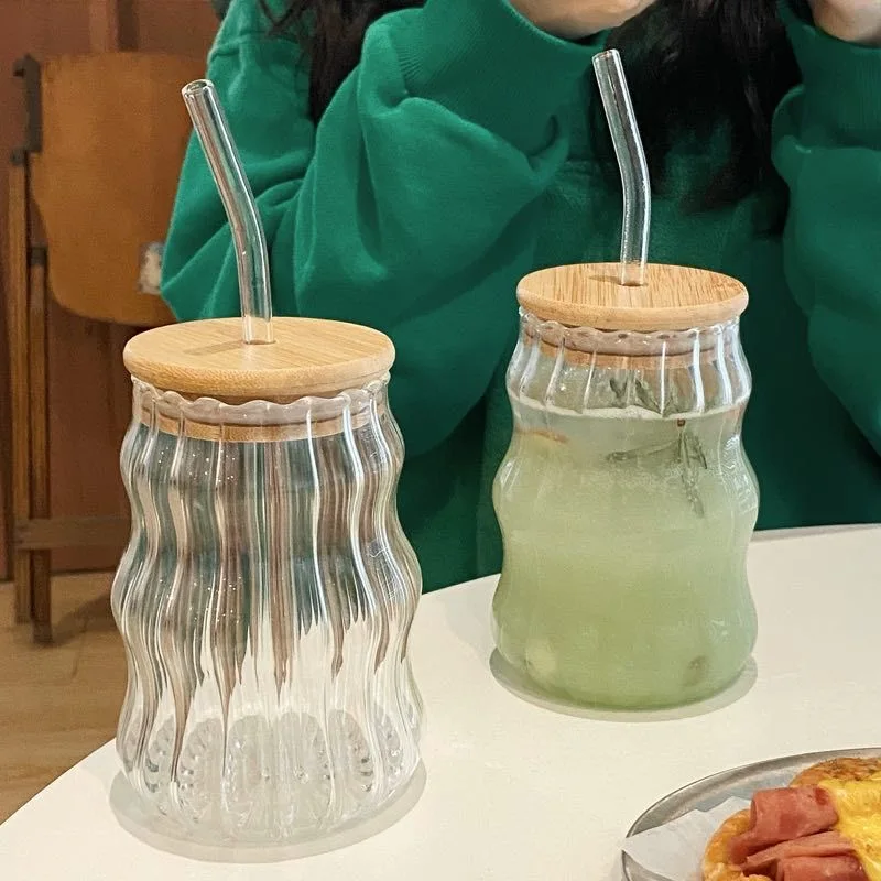 

500ML Glass Cups With Lid and Straw Mason Jar Clear Juice Milk Cup With Bamboo Lids Drinkware Simple Stripe Juice Milk Mocha Cup