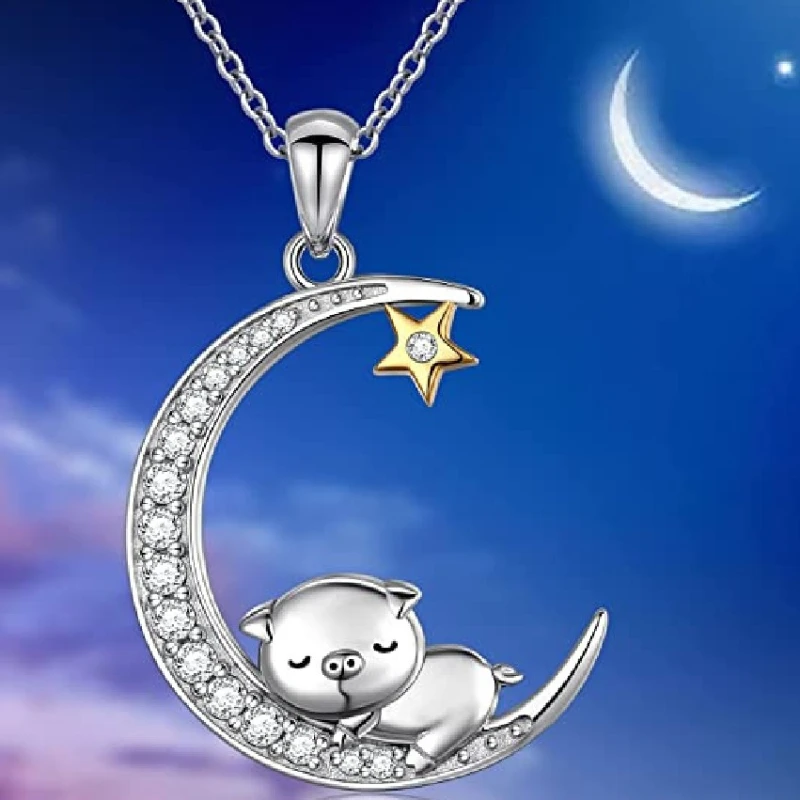 

Little Pig Pendant Titanium Steel Necklace for Women Korean Classiccute Animal Zircon Moon Star Collar Chain Jewelry Girl Gifts