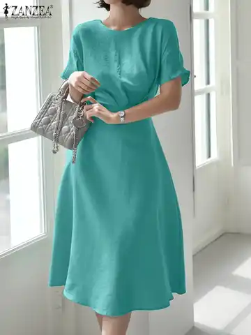ZANZEA Women Elegant Midi Dress Fashion Short Sleeve Solid Color Office Sundress Summer Casual O Neck A-lline Party Vestido Robe
