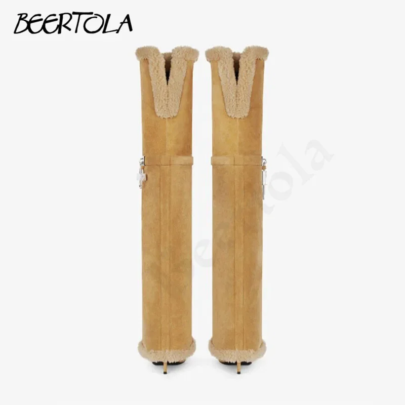 Замшевые зимние брючные сапоги с острым носком и металлическим замком Юбка плюс