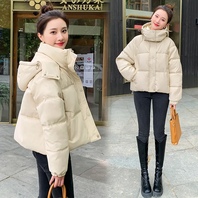 GRELLER Leather Winter Women Hooded Down Jacket Casual Long Sleeve Zipper Short Outerwear Female Korean Warm Loose Students Coat