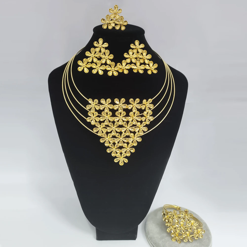 

Wedding Flowers Jewelry Set Earrings African Necklace Pendant Dubai Gold Plated Pendant Ring Bracelet Sets For Women Party Gift