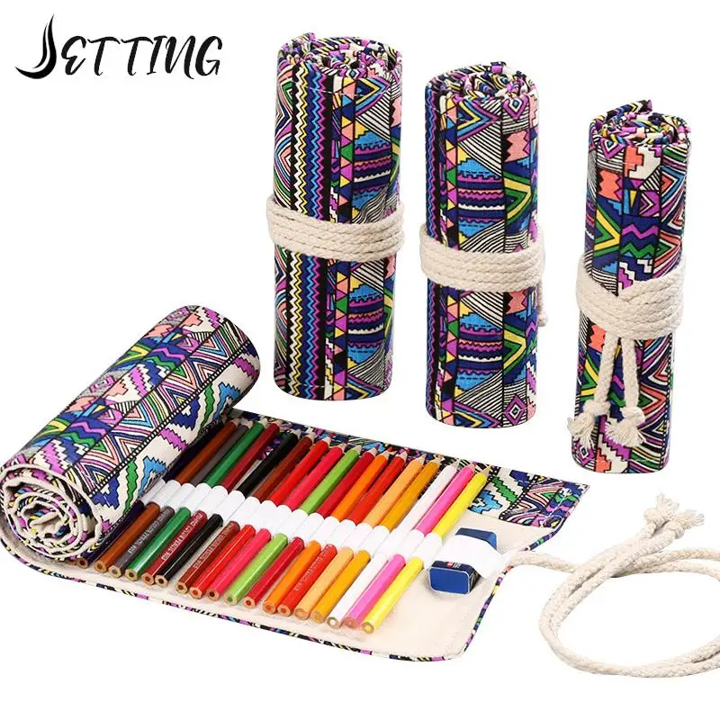 

12/24/36/48/72 Hole Colorful Cloth Pencil Case Antique Aesthetics Stationery Cosmetic Pencil Storage Bag Stationery Box