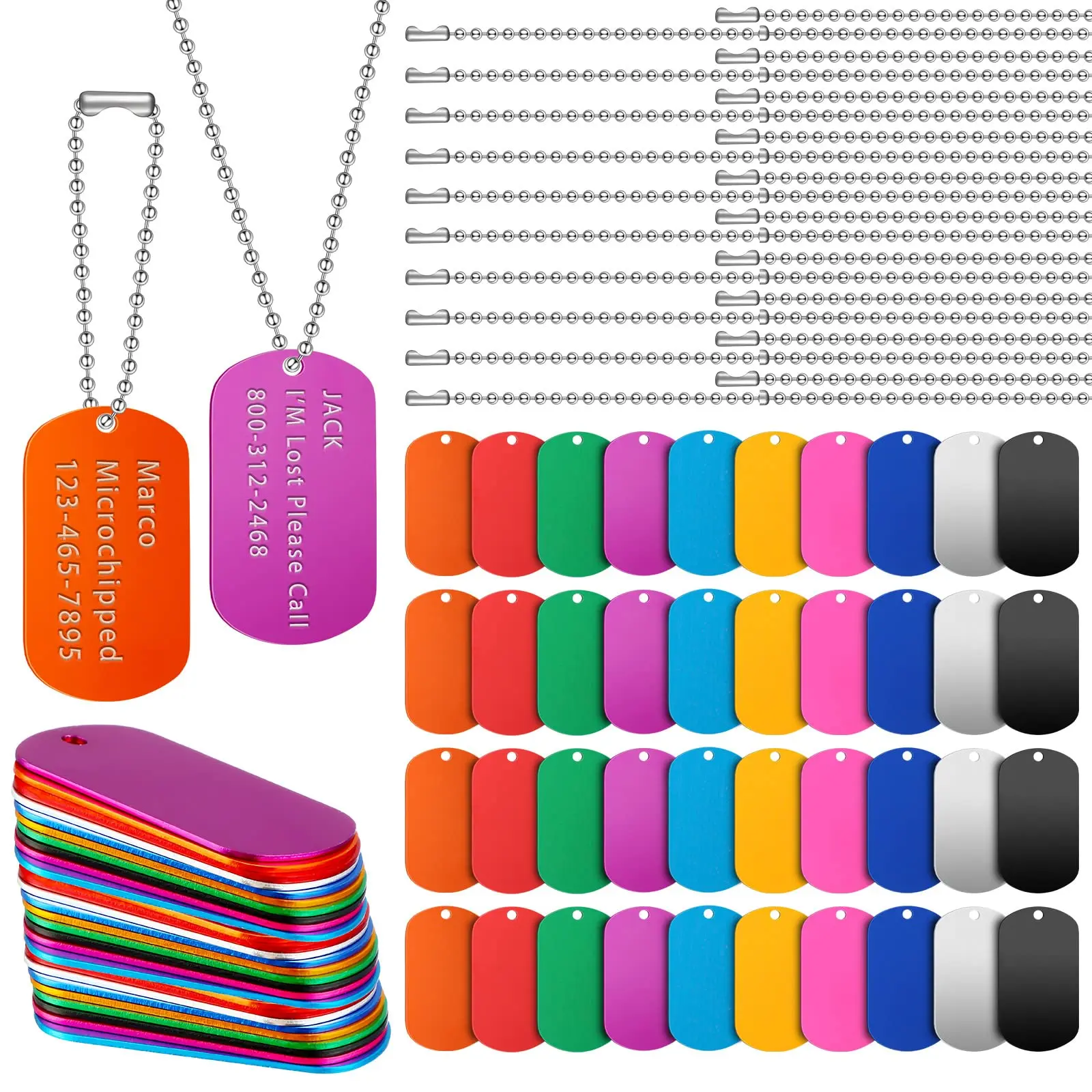 

60Pcs Military Dog Tags Aluminum Dog Tags and Ball Steel Chain Rectangle Blank Tag Metal Stamping Tags for DIY Pet Dog ID Tags