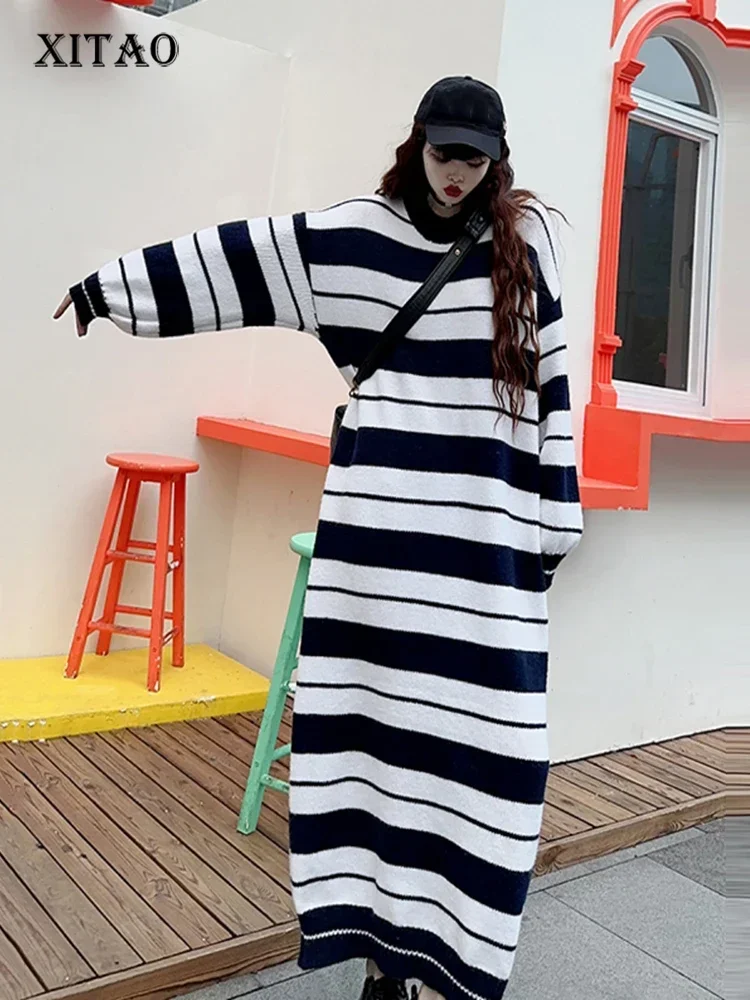 

XITAO/Полосатое трикотажное платье-пуловер с круглым вырезом и длинными рукавами; Свободные свитера длиной до щиколотки; Осеннее Повседневное платье; Подходит ко всему; DMJ2954