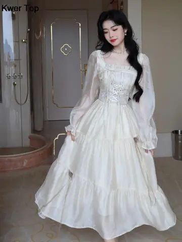 Платье женское ТРАПЕЦИЕВИДНОЕ с длинным рукавом, элегантная однотонная Милая одежда в Корейском стиле, одежда для дня рождения, весна-лето