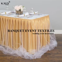 10ft 20ft long ice silk table skirt tablecloth skirting with tulle fabrice drape for wedding event party decoration