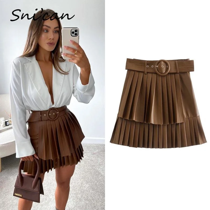 

Bown Pu Leather Skirt With Belt Fashion Autumn Sprint Cascading Pleated High Waist Jupe Cuir Femme Women Falda Plisada 2022 New