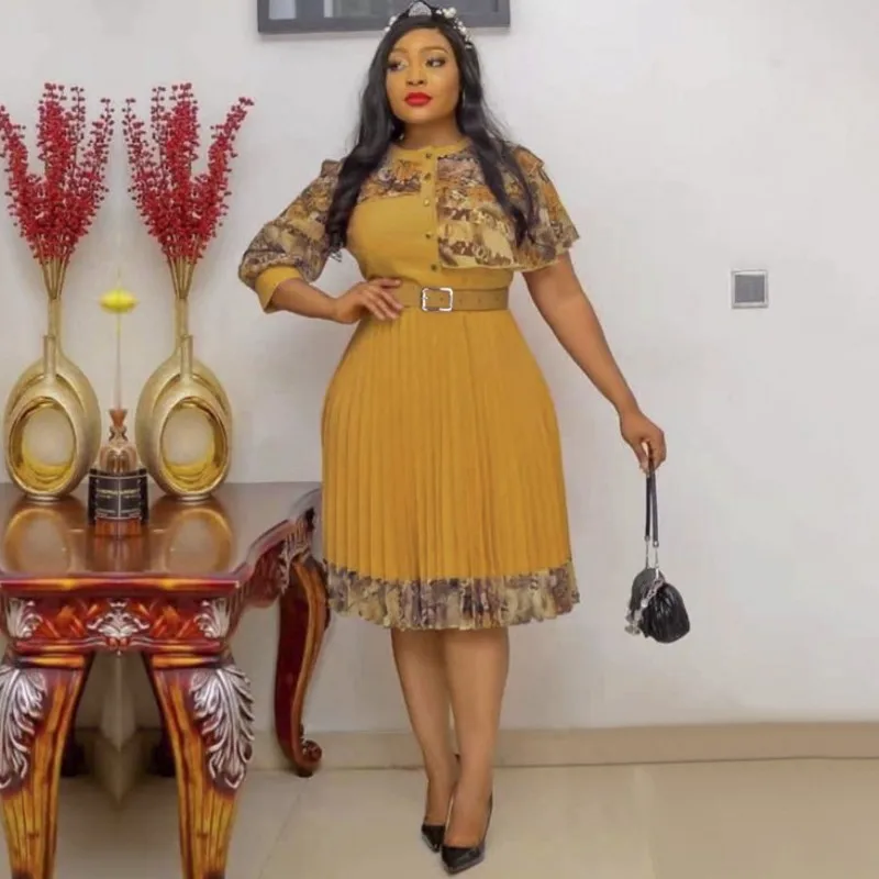 

Dashiki African Dresses For Women New Fashion Print 3/4 Sleeve Pleated A-line Dress Lady Party Ankara Robes With Belt Vestidos