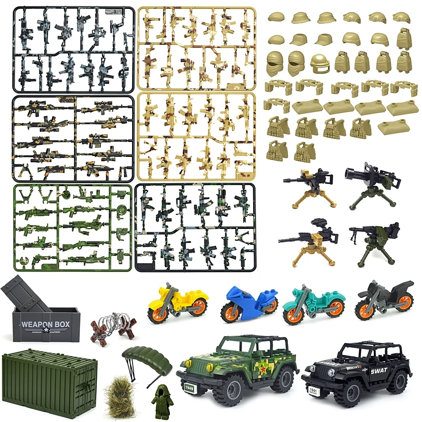 

Military Weapon Accessories WW2 Army Gun SUV Motorcycle Container Building Block Fence Police Dog SWAT Soldier MOC Bricks