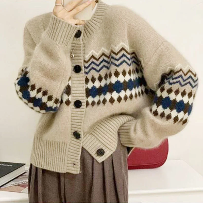 

Vintage Fashion Korean Style Cardigan Spring Autumn Women's New Christmas Sweater Loose Sweaters Long Sleeve O Neck Casual Tops