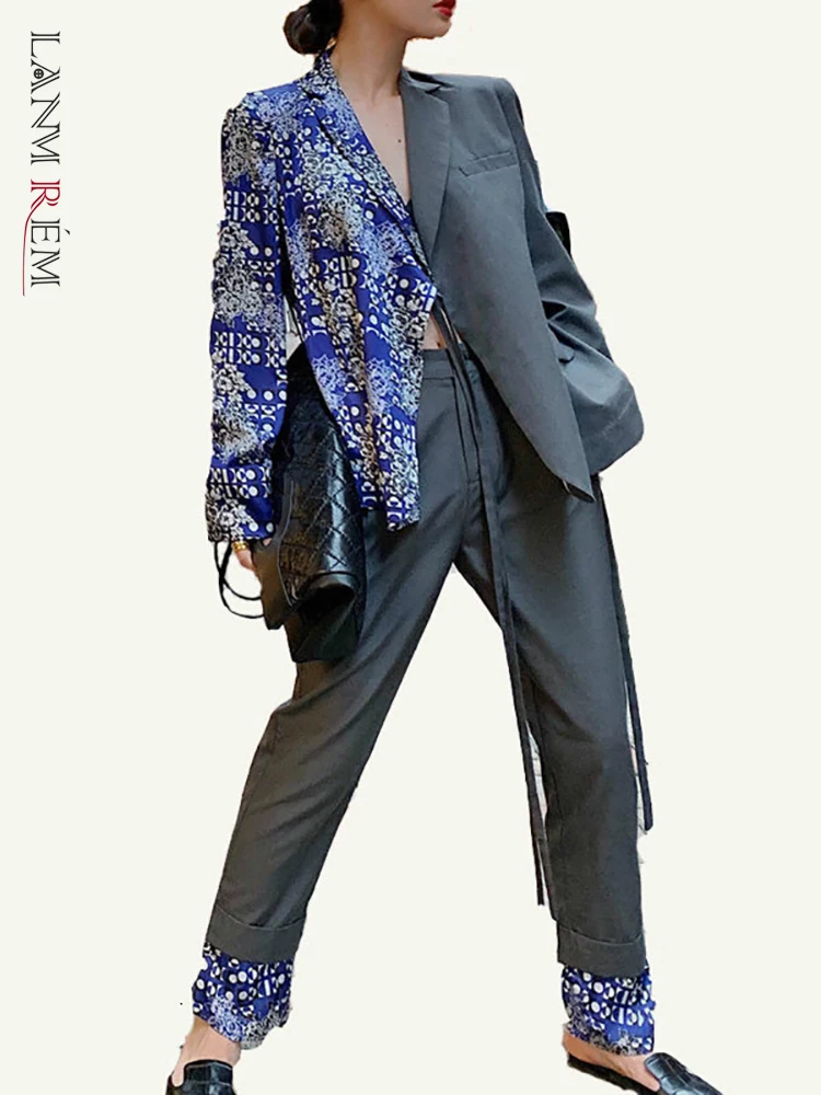 LANMREM Women's New Notched Bandage Printed Irregular Blazer With High Waist Straight Pants Two Pieces Sets 2022 Autumn WJ77705L