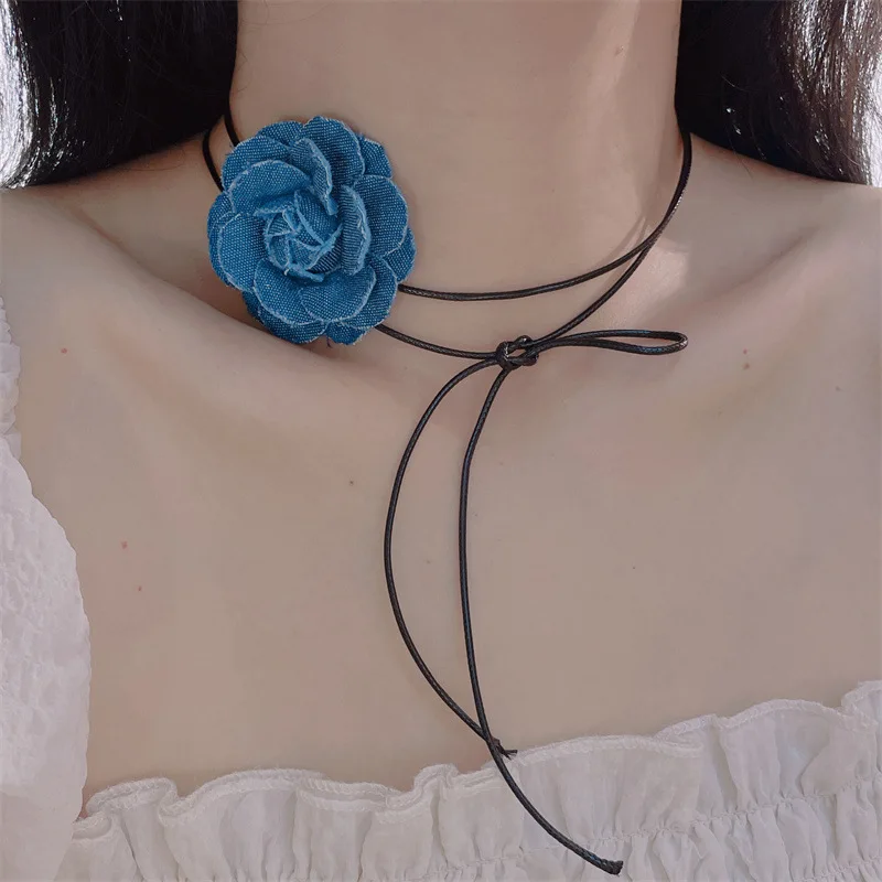 

Винтажное ожерелье из синей джинсовой ткани с небольшим ароматом и стильным ремешком, цепочка на шею для женщин, ювелирные изделия.