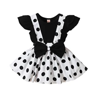 12m 5t two piece children girls outfits solid flying sleeve round collar tops polka dot bow knot suspender skirts baby sets