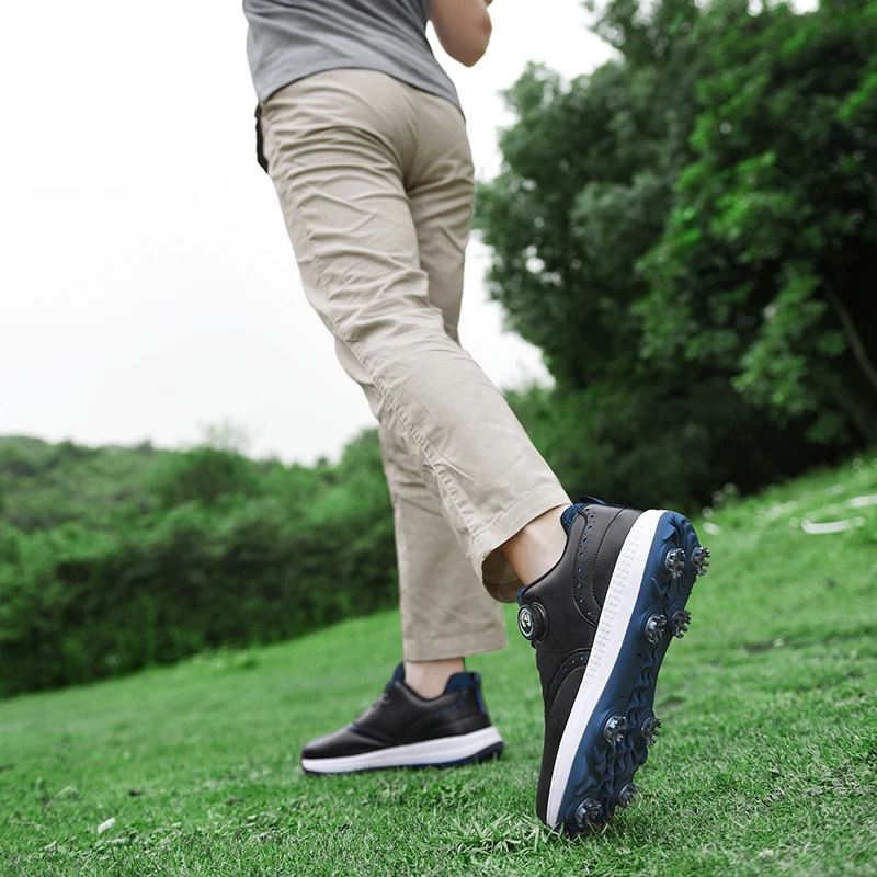 Men Golf Shoes Waterproof Leather Golfer Sports Shoes Knob Quick Lacing Golf Sneakers Women Comfortable Walking Golfing Footwear