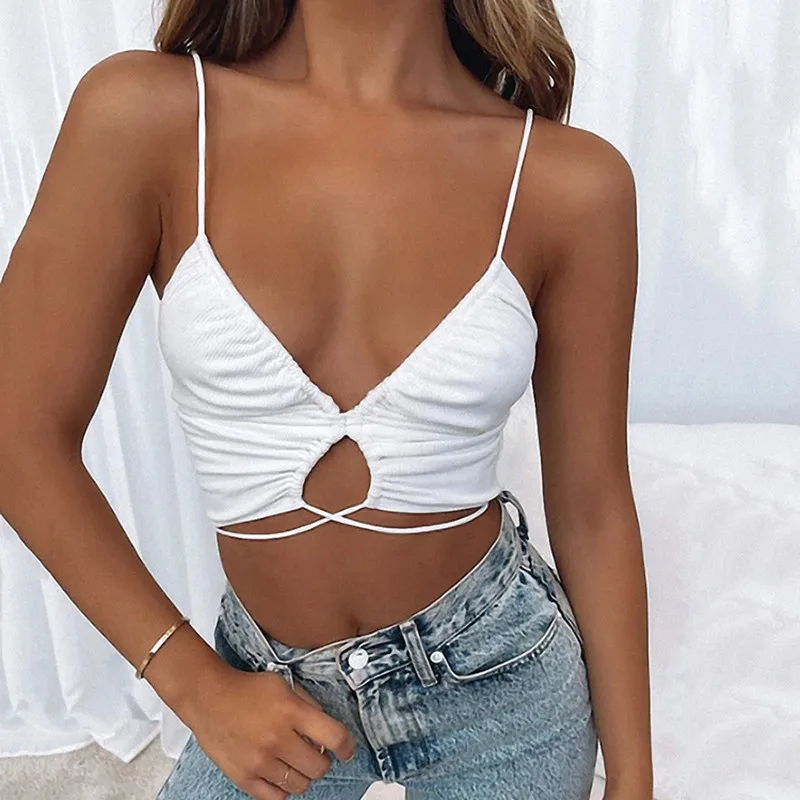 

Sexy White Hollow Out Crop Tops Women Camisole V Neck String Backless Drawstring Top Mujer 2022 Summer Going Out Tops Streetwear