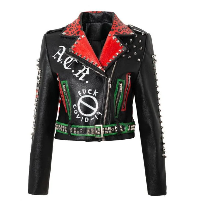 Spring new womens leather jacket slim motorcycle  print rivet clothes punk style autumn женская куртка весна кожанка женская