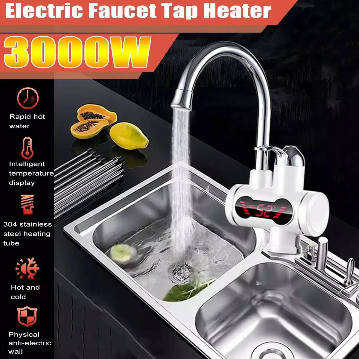 

3000W 220V Instant Tankless Electric Hot Water Heater Faucet Kitchen Digital Display Instant Heating Tap Water Heater With LED