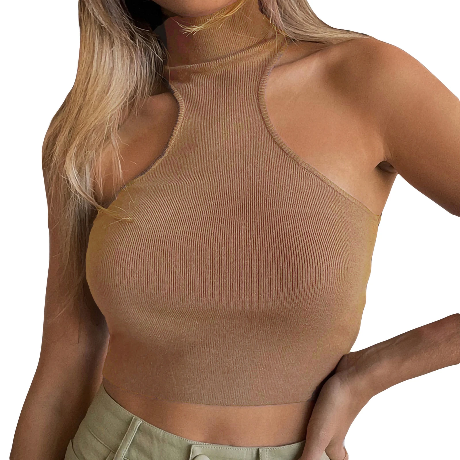 

Women Casual Vest Solid Color Slim Fit Turtleneck Sleeveless Crop Tops, Brown