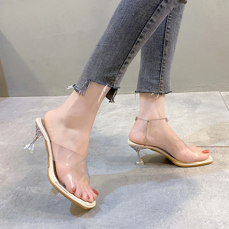 

Summer New Ladies Sexy Fashion Slippers Square Head Open Toe Delicate Mid Heel Women's Shoes Transparent Crystal Casual Sandals