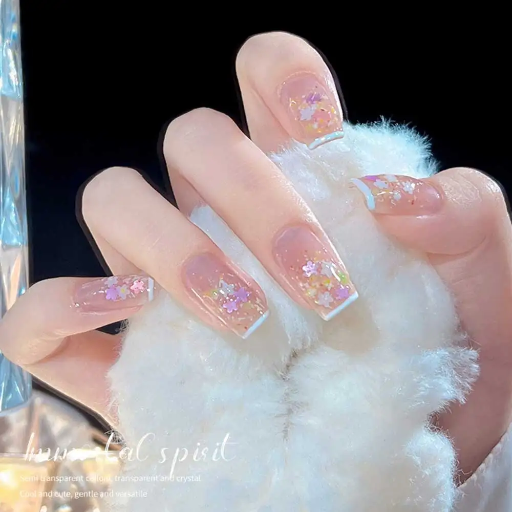 

Летний свежий волшебный цветочный узор, искусственные ногти с клеем, розовый, фиолетовый, короткие ногти с инструментами для ношения