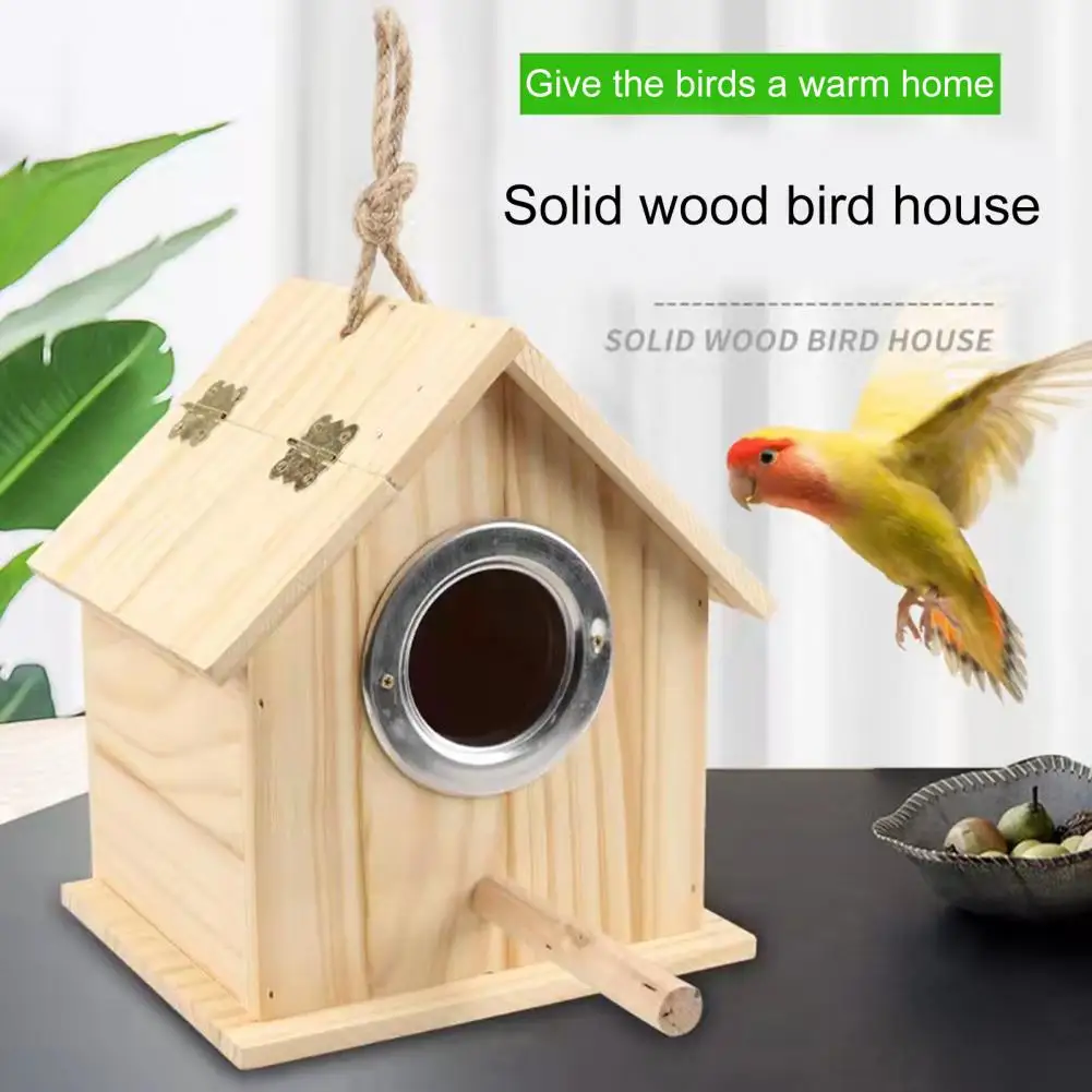 

Wooden Bird Nest With Perch Stand Rainproof Sun Protection Shelter Wood Hanging Parrot House Bird Cage Accessories Nesting Boxes
