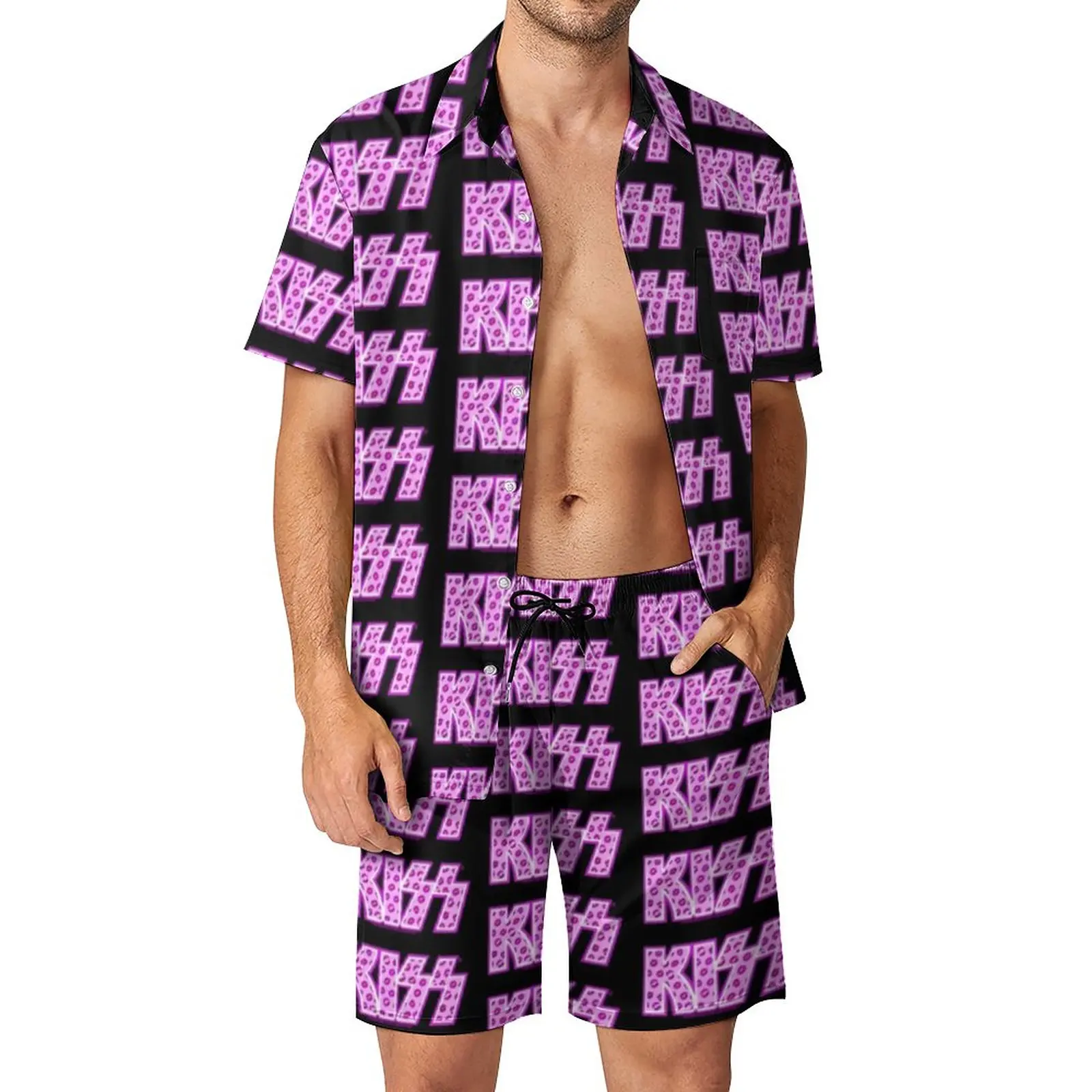 

Kiss Band Men Sets Pink Kiss Logo Print Casual Shorts Beach Shirt Set Summer Two-piece Novelty Custom Suit Oversized Clothing