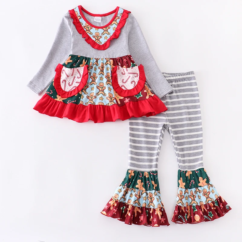 

Girlymax Christmas Gingerbread Baby Girls Print Bell-bottoms Milk Silk Stripe Pants Pockets Boutique Outfits Set