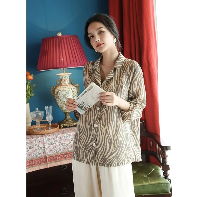 

Women's Pajamas Set New Zebra PrintedLoungewear 2 Pieces Long Sleeve Sleepwear for Women Loose Temperament Silk Satin Pyjama