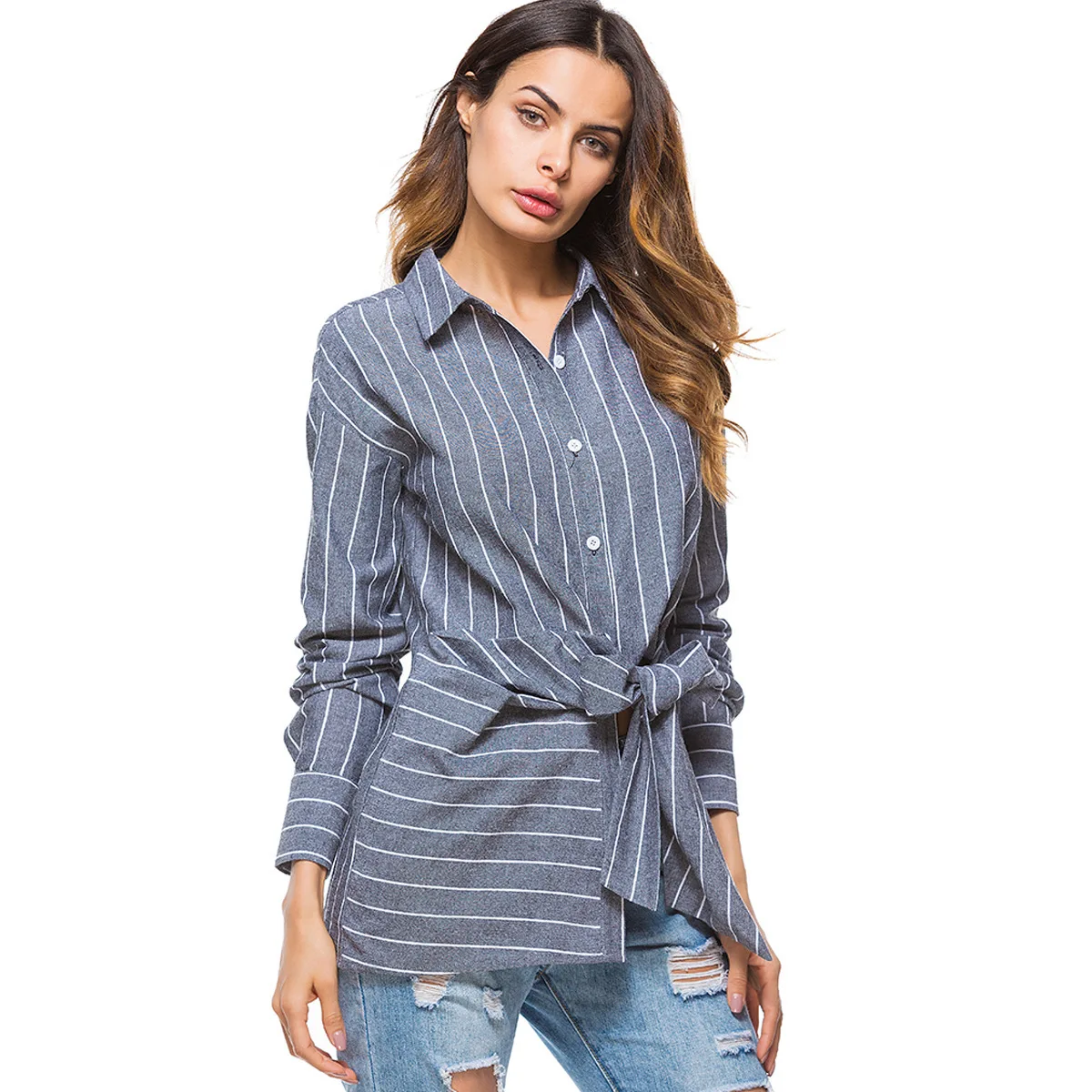 

YIZZHOY Spring Autumn New Women Splicing Bow Stripe Long Sleeve Shirt Female Fashion Casual Sash Tie Up Single Breasted Top